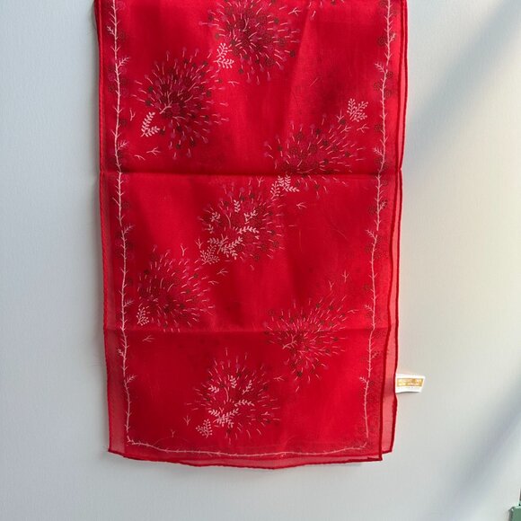 Vintage Red Floral Water Repellent Acetate Scarf 42" X 10" For Neck or Headwear - Picture 2 of 7